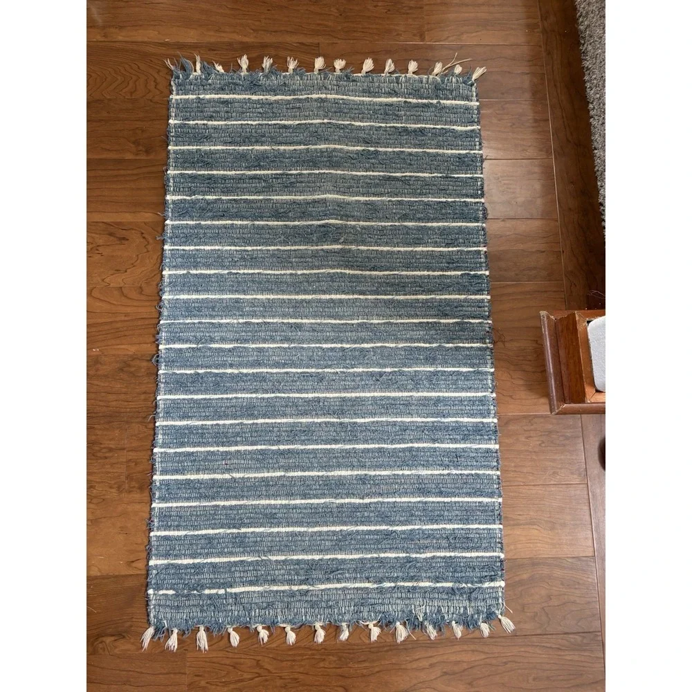 Vintage Braided Woven Striped Rag Rug‎ Blue And Cream 40
